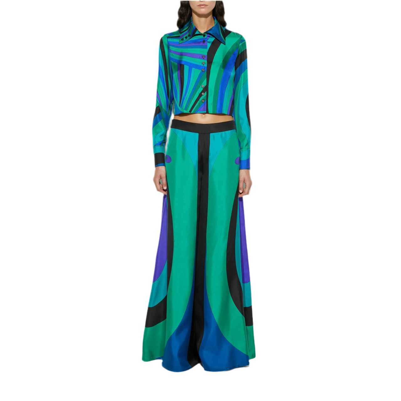 Blue and Green Multicolored Pucci Print Two Piece Pant Set - Modestly Vogue 