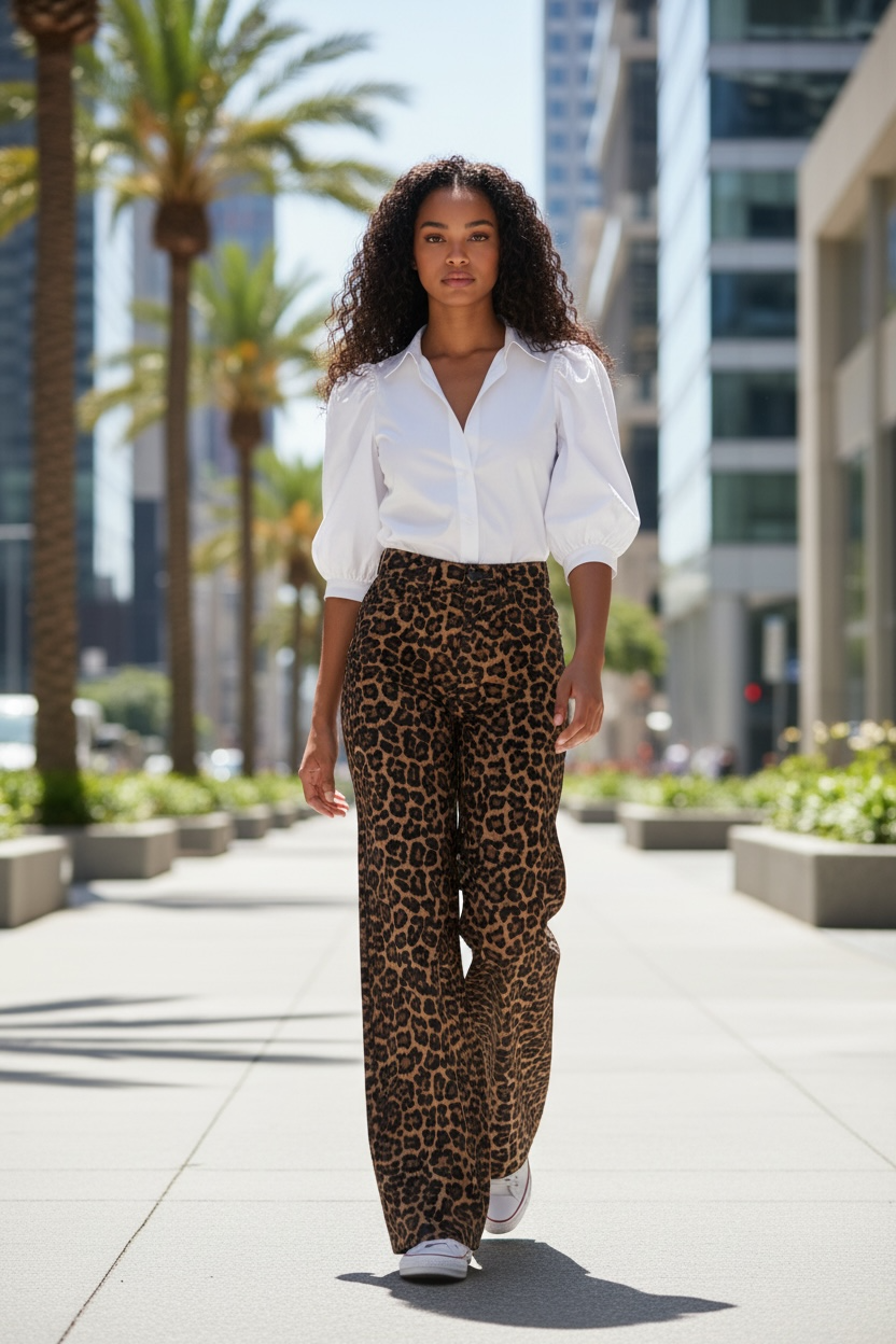 Women's Leopard Print Wide Leg Pants & Puff Sleeve Top Set - Modestly Vogue 