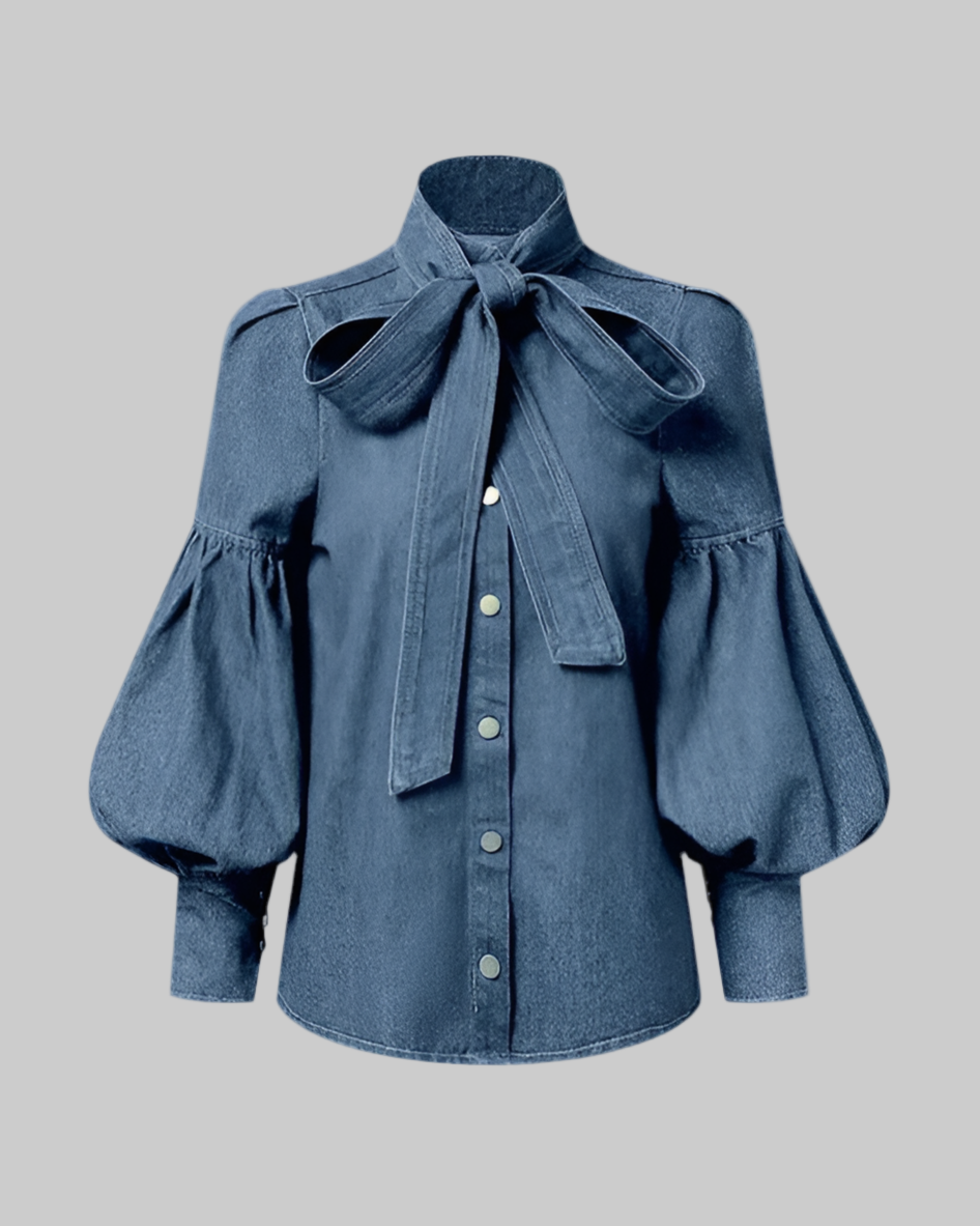 Women's Trendy Denim Puff Sleeve Blouse – Lightweight Long Sleeve Top - Modestly Vogue 