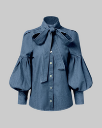 Women's Trendy Denim Puff Sleeve Blouse – Lightweight Long Sleeve Top - Modestly Vogue 