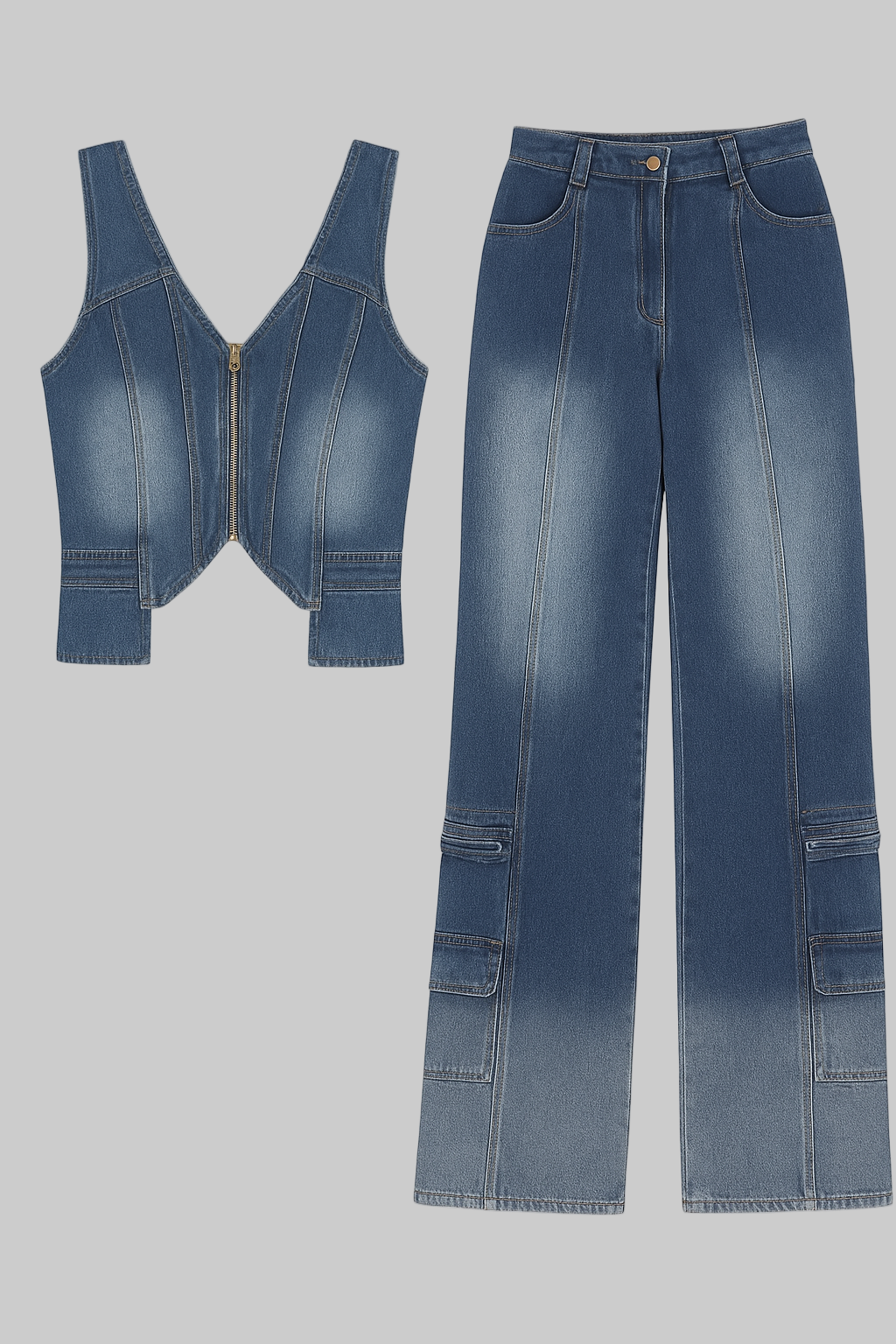 Blue Casual Denim Jean Wide Leg Pant Set - Modestly Vogue 