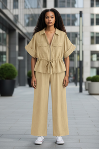 Women Hunting Long Sleeve Collared Shirt Elastic Waist Wide Leg Pants - Modestly Vogue 