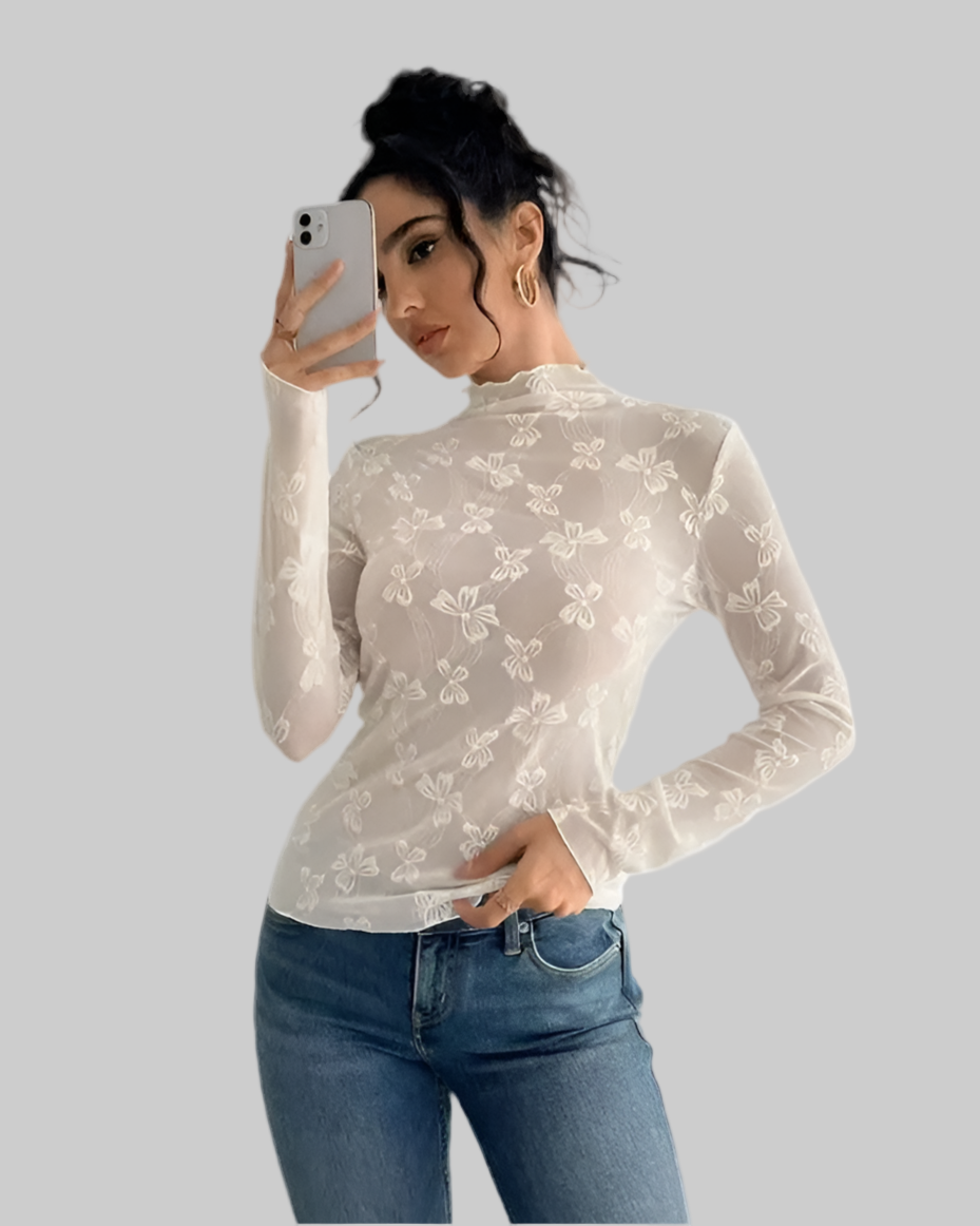 Mesh Bow Printed Long Sleeve Top - Modestly Vogue 