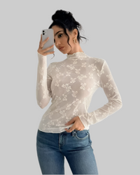 Mesh Bow Printed Long Sleeve Top - Modestly Vogue 