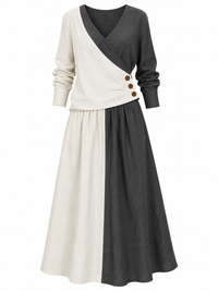 Two-Tone Color Block V-Neck Long Sleeve Top and Maxi Skirt Set