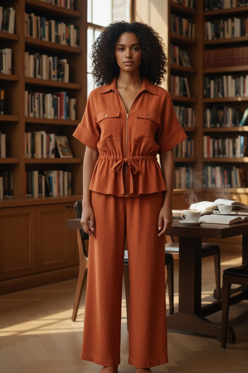 Women Hunting Long Sleeve Collared Shirt Elastic Waist Wide Leg Pants - Modestly Vogue 