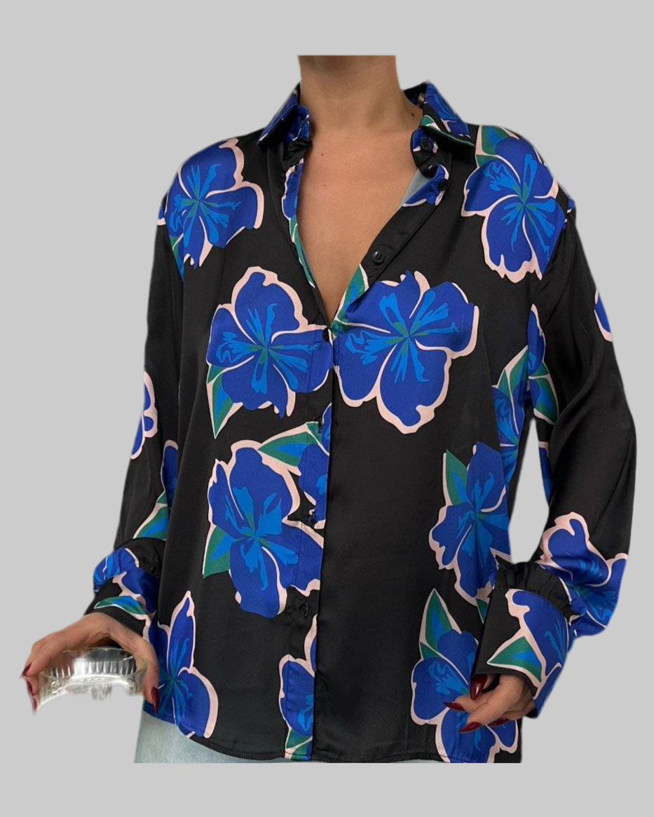 Women's Shirt with Blue Flowers - Stylish Floral Design - Modestly Vogue 