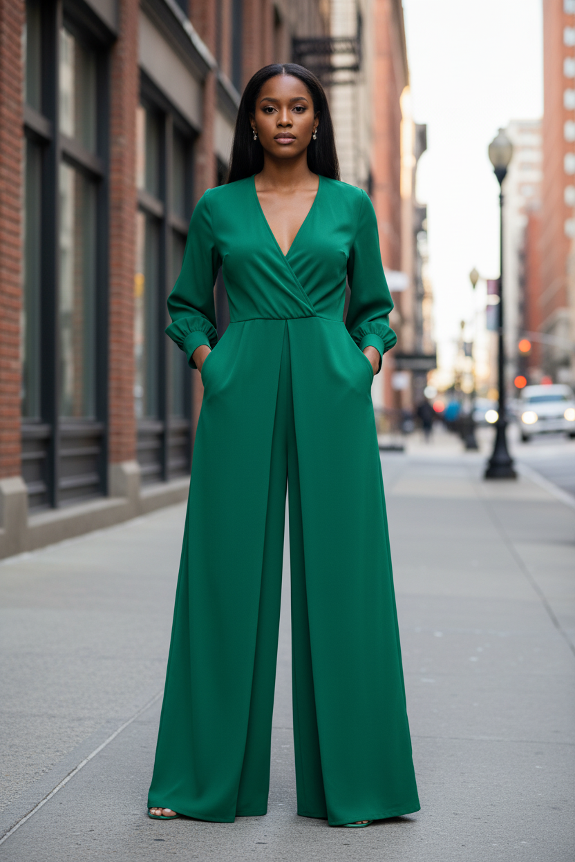 Women's Summer Solid V-Neck Long Sleeve Jumpsuit - Modestly Vogue 
