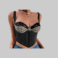 Black Leopard Lace Backless Suspender Vest with Steel Ring Details - Modestly Vogue 