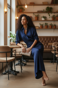 Two Piece Simple Elegant Office Drape Shirt High Waist Ruched Mid Length Skirt Two Piece Sets - Modestly Vogue 