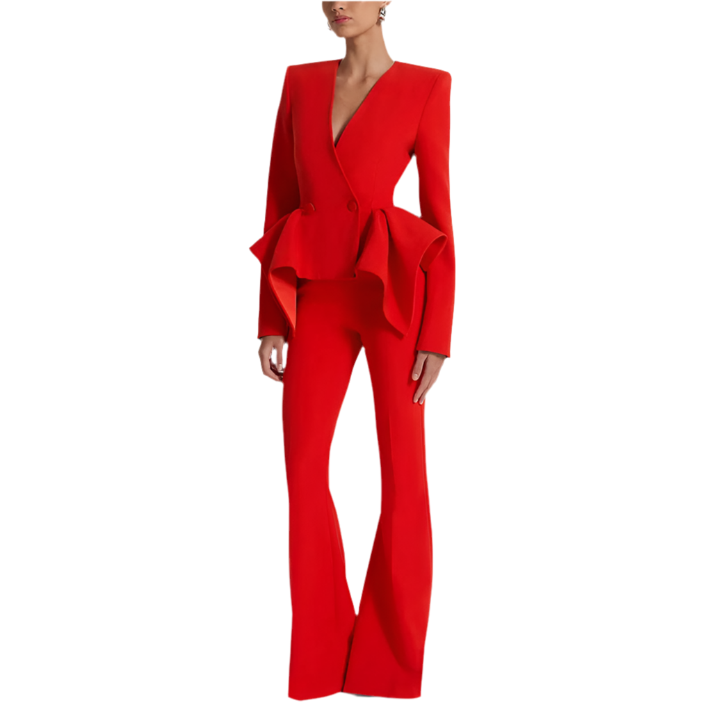 Red Tailored Peplum Jacket Bootcut Two Piece Pant Set Suit - Modestly Vogue 
