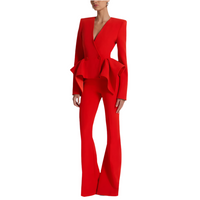 Red Tailored Peplum Jacket Bootcut Two Piece Pant Set Suit - Modestly Vogue 