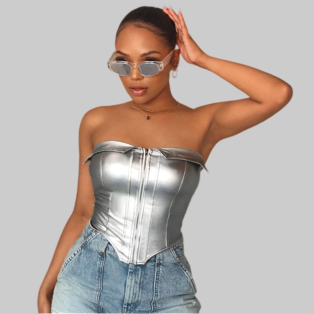 Women Clothing Polo Collar Tube Top Faux Leather Boning Corset - Modestly Vogue 