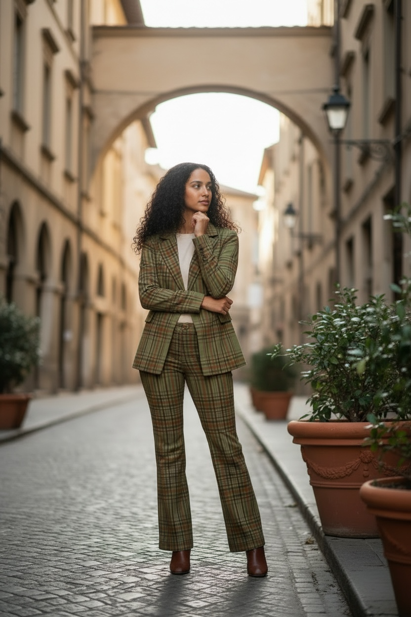 Green Plaid Pant Set – Stylish Women’s Suit Outfit - Modestly Vogue 