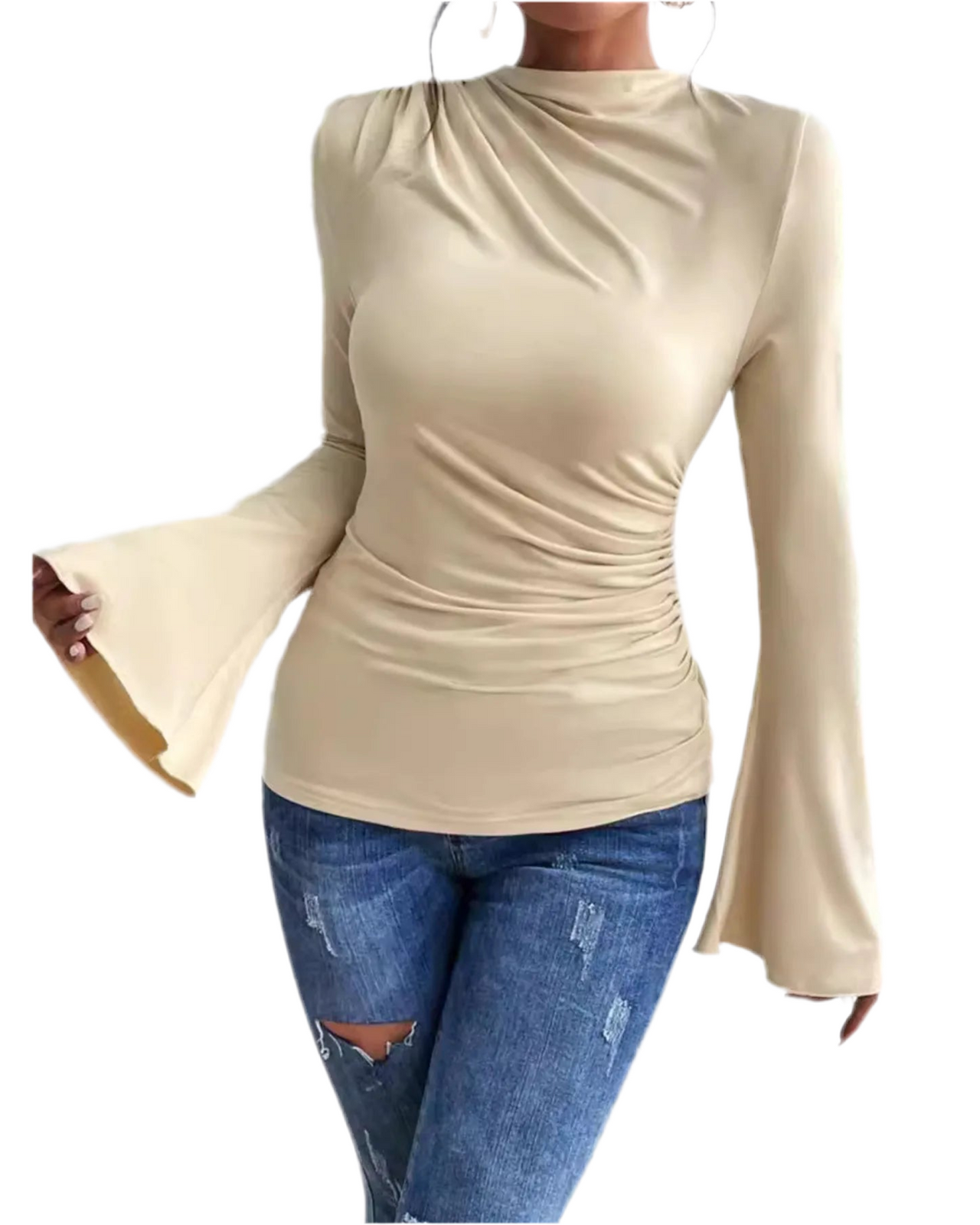 Light Bell Sleeve Ruched Fitted T-Shirt with Mock Neck – Feminine & Chic - Modestly Vogue 