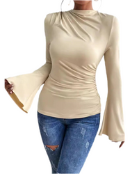 Light Bell Sleeve Ruched Fitted T-Shirt with Mock Neck – Feminine & Chic - Modestly Vogue 