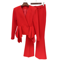 Red Tailored Peplum Jacket Bootcut Two Piece Pant Set Suit - Modestly Vogue 