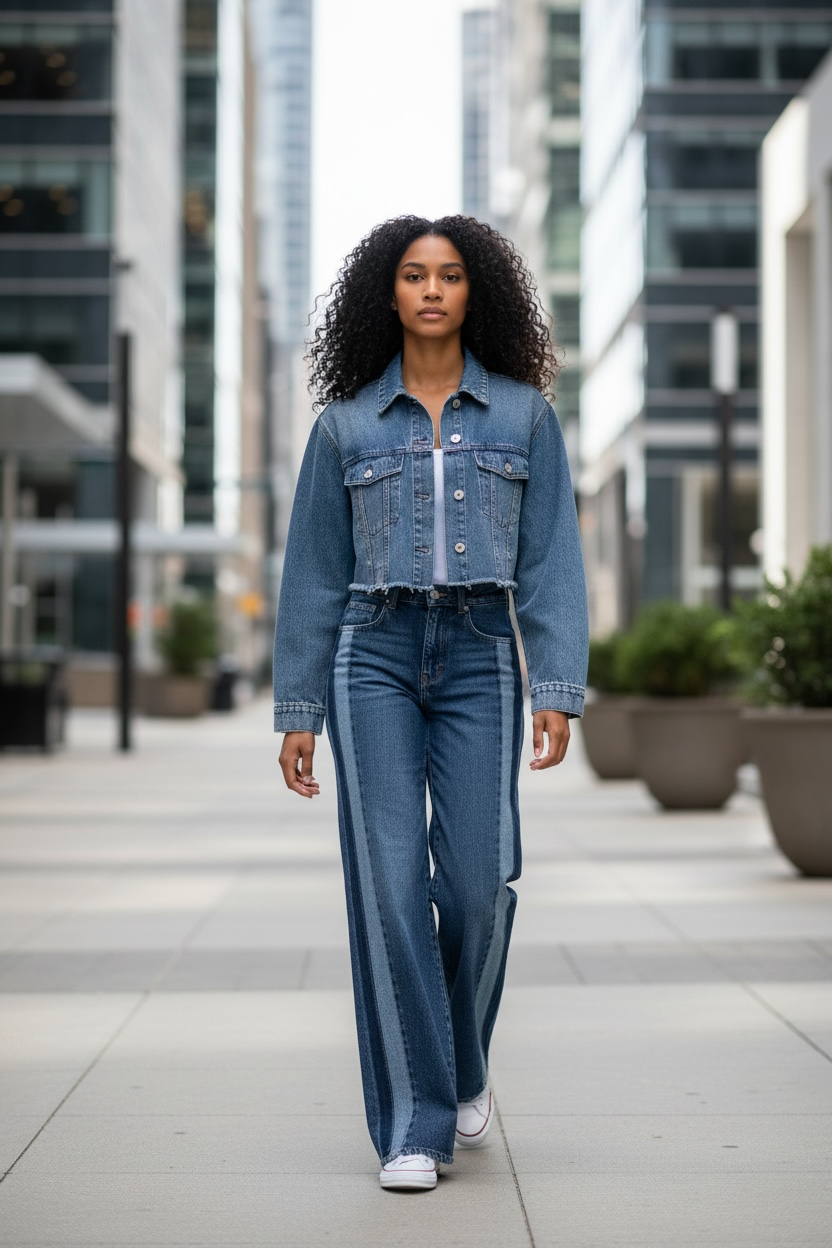 Women Denim Jacket Mid Waist Wide Leg Jeans Sets Women - Modestly Vogue 