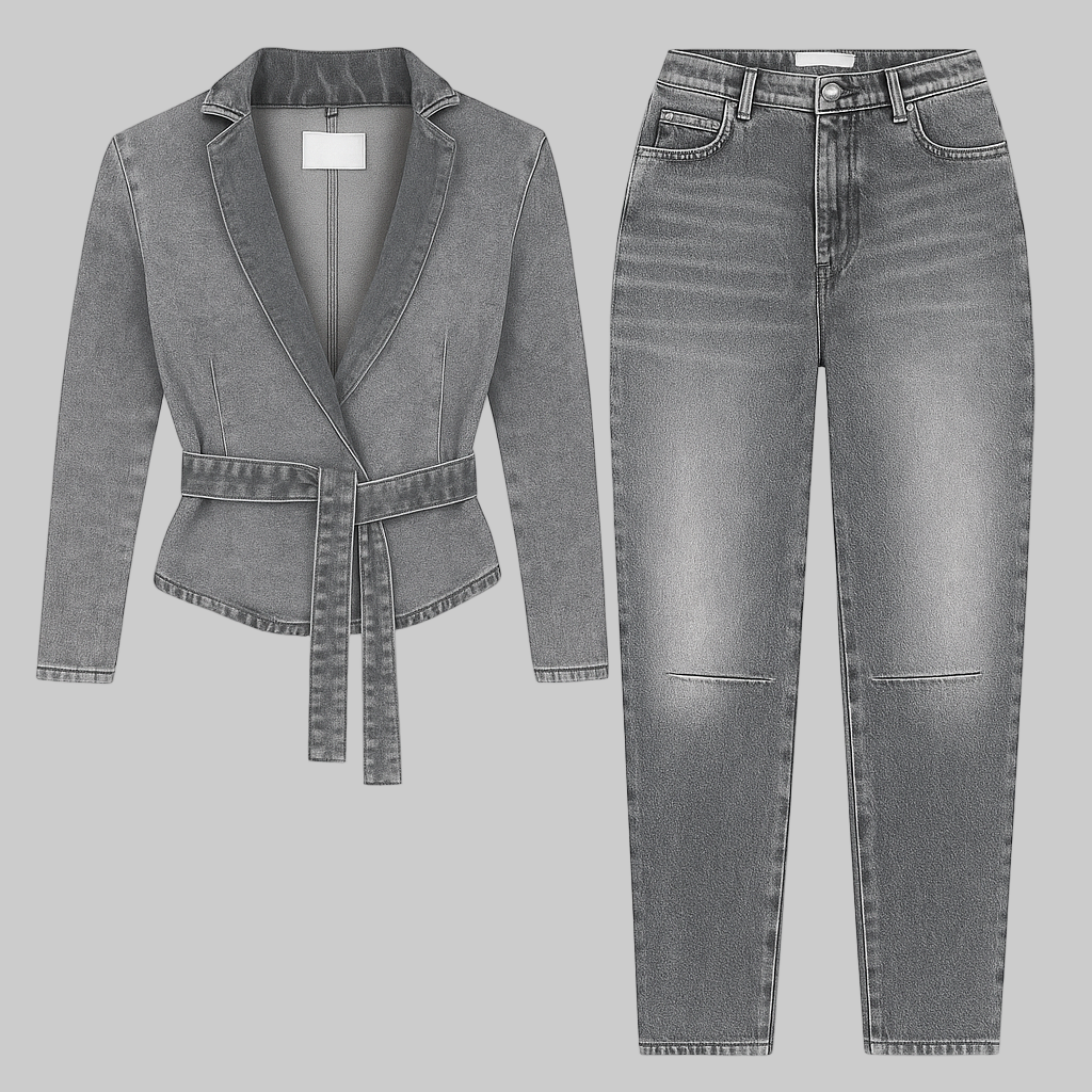 Grey Washed Denim Belted Blazer Two-Piece Set – Casual Streetwear - Modestly Vogue 