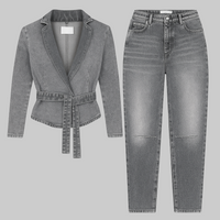 Grey Washed Denim Belted Blazer Two-Piece Set – Casual Streetwear - Modestly Vogue 