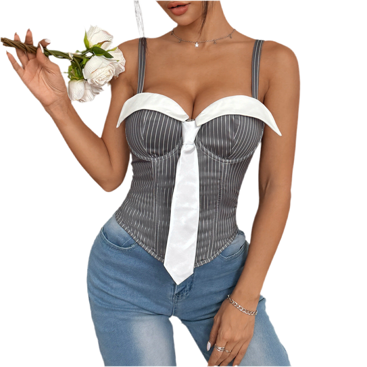Neutral Low-Cut Contrast Boning Corset Top with Tie Stitch Detailing - Modestly Vogue 