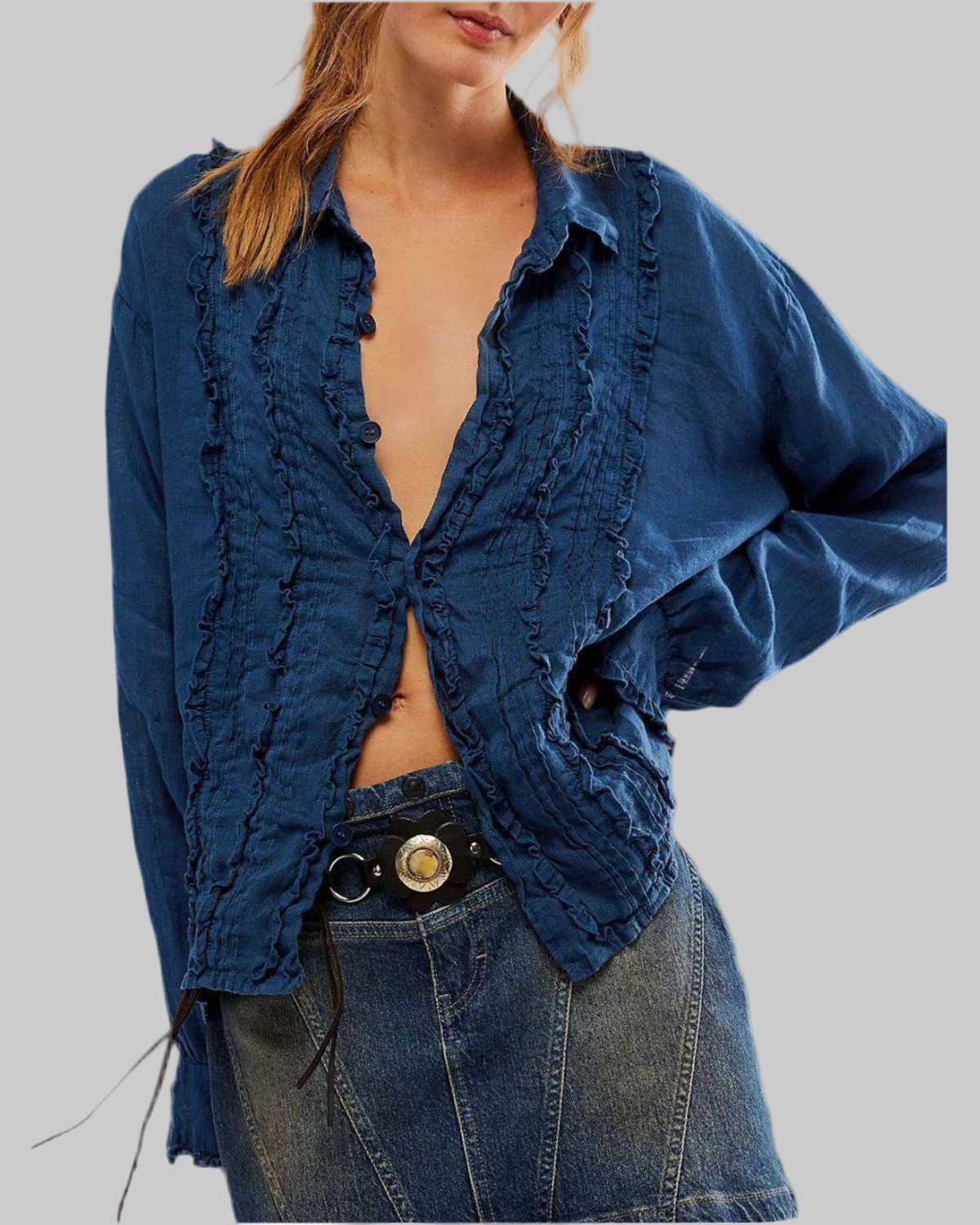 Blue Frilled Ruched Long Sleeve Shirt – Elegant Collared Women’s Top - Modestly Vogue 
