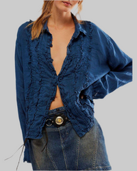 Blue Frilled Ruched Long Sleeve Shirt – Elegant Collared Women’s Top - Modestly Vogue 