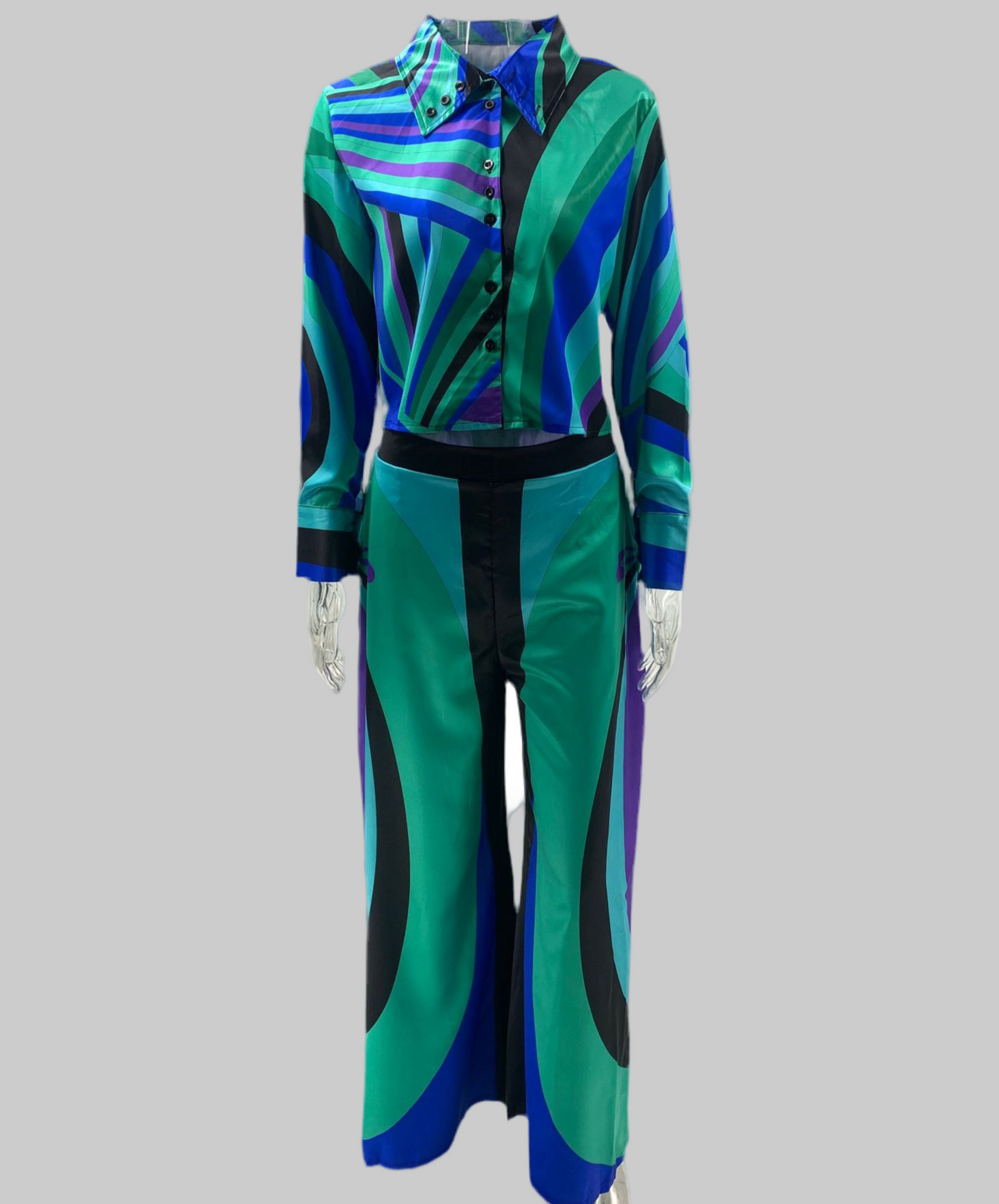 Blue and Green Multicolored Pucci Print Two Piece Pant Set - Modestly Vogue 