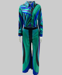 Blue and Green Multicolored Pucci Print Two Piece Pant Set - Modestly Vogue 