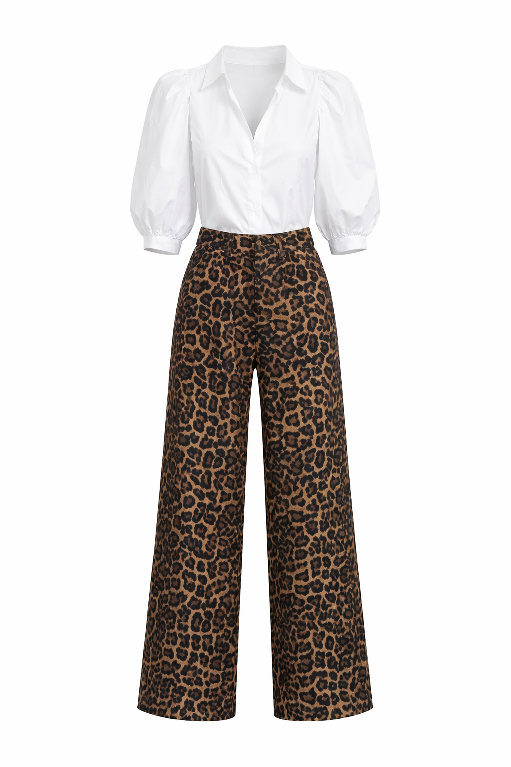 Women's Leopard Print Wide Leg Pants & Puff Sleeve Top Set - Modestly Vogue 