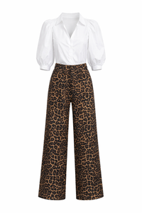 Women's Leopard Print Wide Leg Pants & Puff Sleeve Top Set - Modestly Vogue 