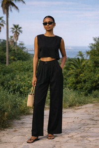 Linen Vest Pants Summer Sleeveless Vest Wide Leg Pants Casual Two Piece Sets - Modestly Vogue 