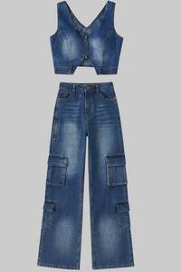Blue Casual Denim Jean Wide Leg Pant Set - Modestly Vogue 
