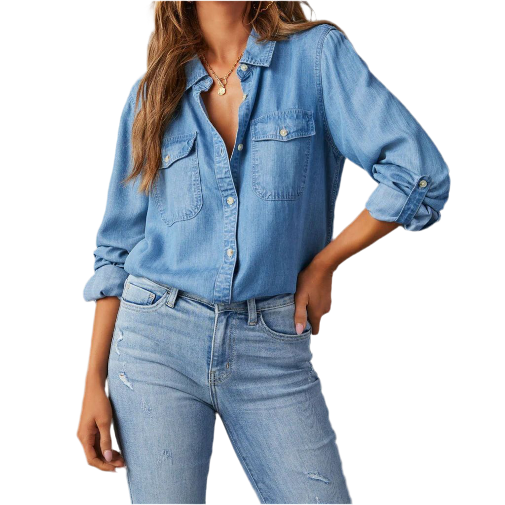 Women’s Casual Denim Shirt – Long Sleeve Collared Button-Up - Modestly Vogue 