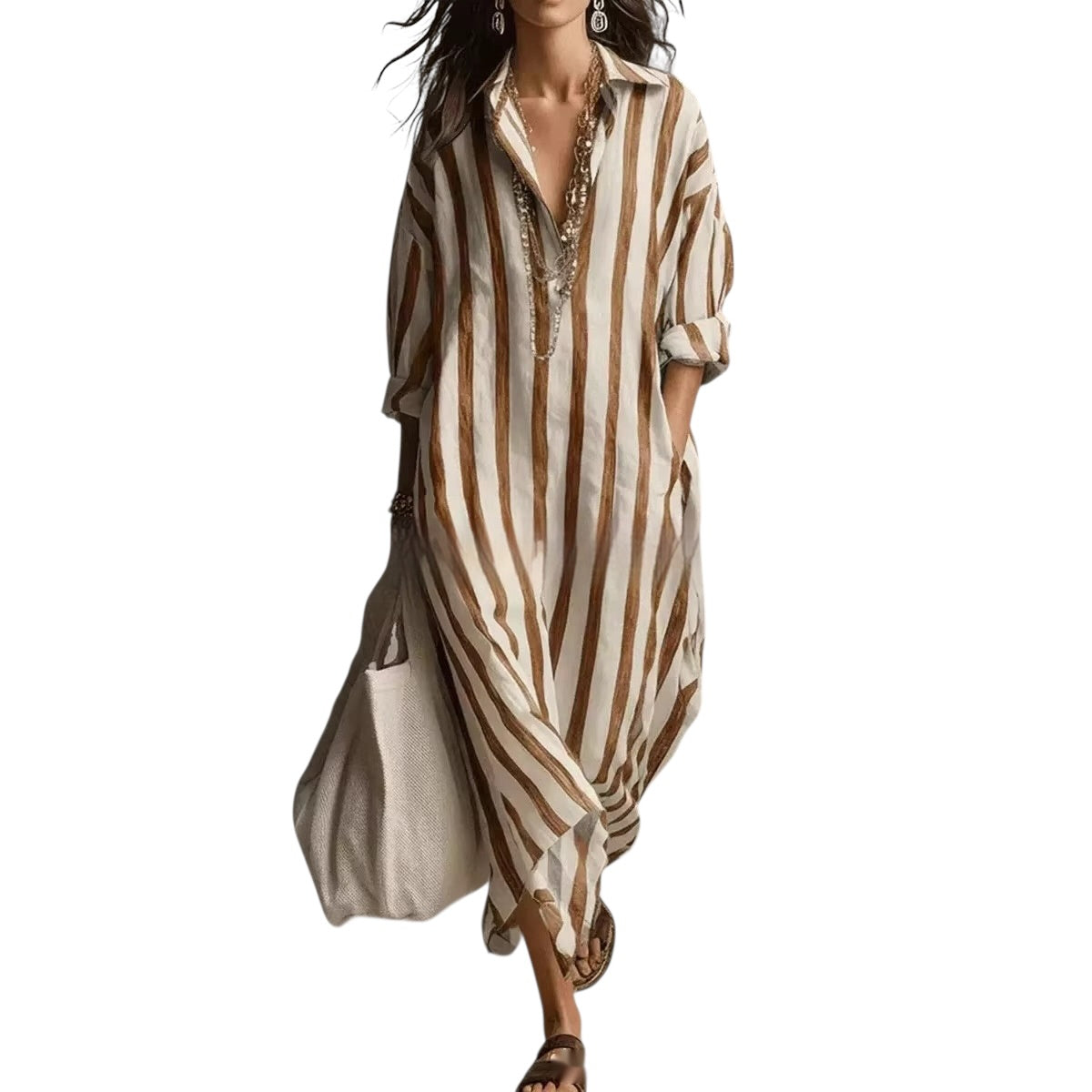 Striped Lapel-collar Dress With Side Slits And Pockets - Modestly Vogue 