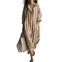 Striped Lapel-collar Dress With Side Slits And Pockets - Modestly Vogue 