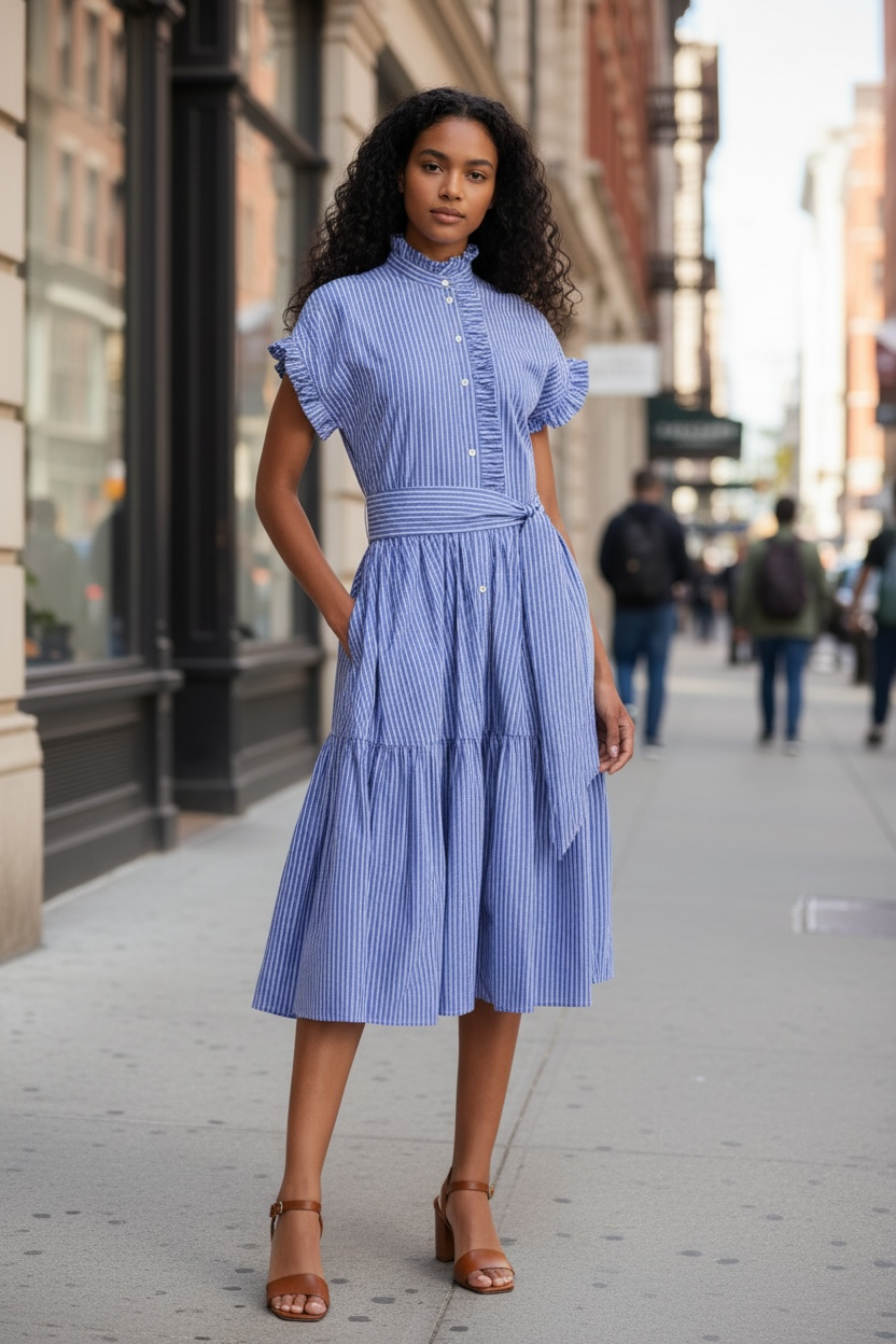 Women’s Striped Spring Dress – Casual Everyday Style - Modestly Vogue 