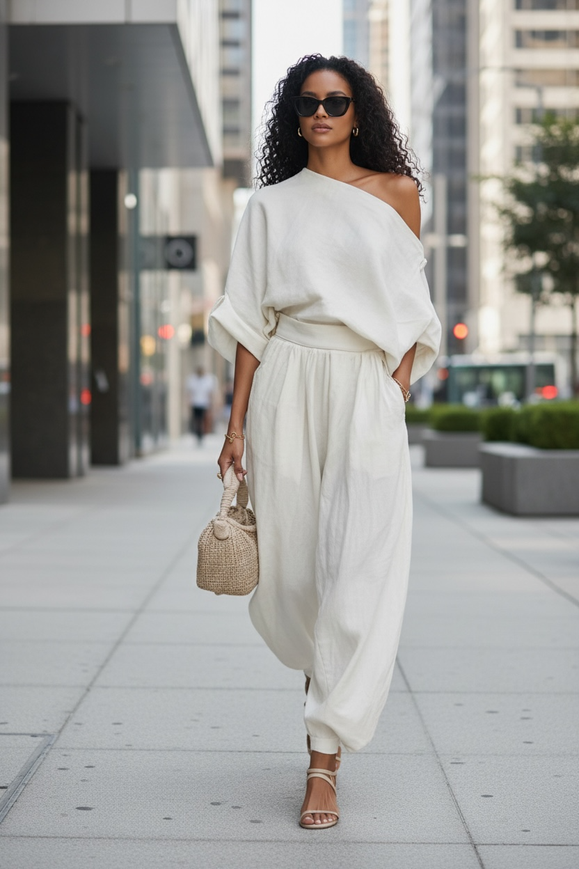 Solid Color Casual Pant Co-ord Set with Long Sleeve and Loose Fit Bloomers in Cotton and Linen Fabric, Stretchy - Modestly Vogue 