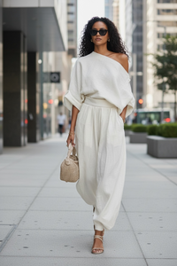 Solid Color Casual Pant Co-ord Set with Long Sleeve and Loose Fit Bloomers in Cotton and Linen Fabric, Stretchy - Modestly Vogue 