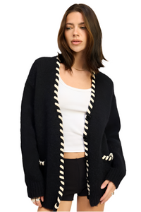 LEATHER TRIM CARDIGAN WITH BUTTONS