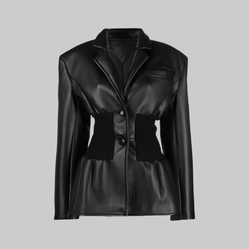 Black  Design Model Faux Leather Jacket Patchwork Knitted Super Tight Waist Contour - Modestly Vogue 