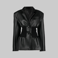 Black  Design Model Faux Leather Jacket Patchwork Knitted Super Tight Waist Contour - Modestly Vogue 