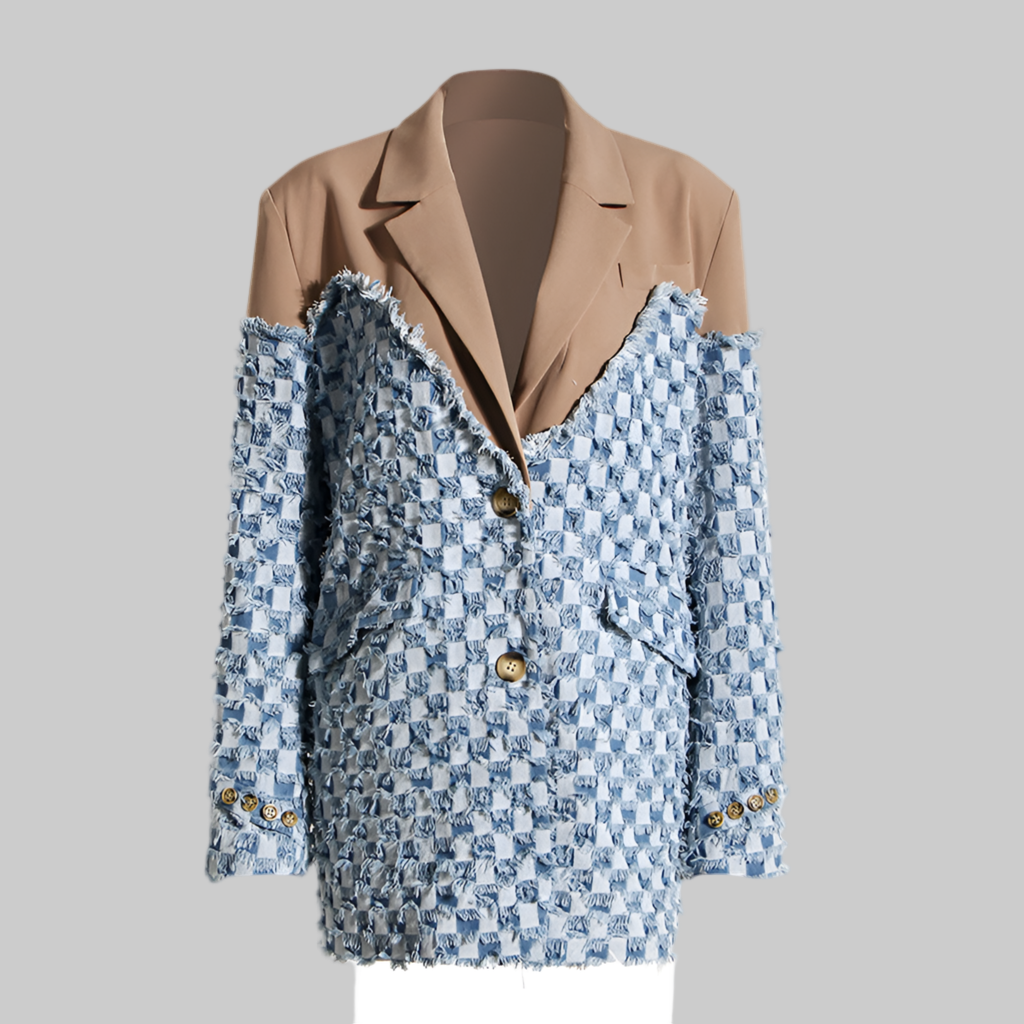 Blue Women Autumn Winter Color Contrast Patchwork Plaid Washed Worn Frayed Hem Denim Jacket