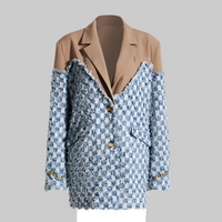 Blue Women Autumn Winter Color Contrast Patchwork Plaid Washed Worn Frayed Hem Denim Jacket