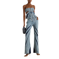 Blue Denim Patchwork Tube Top Three Jeans Two Piece Set - Modestly Vogue 