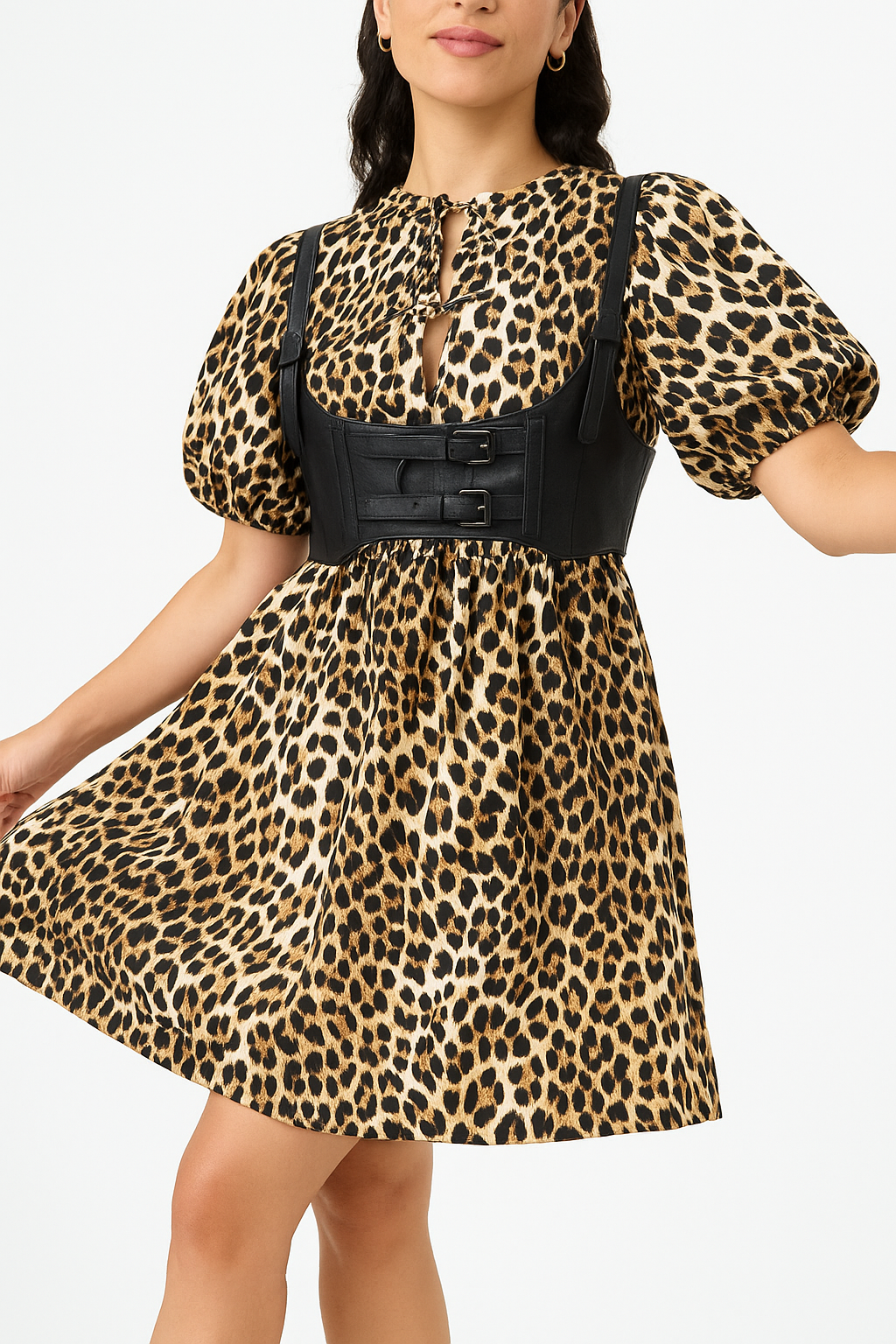 Multicolor Leopard Tie Front Puff Sleeve Short Flared Dress - Modestly Vogue 