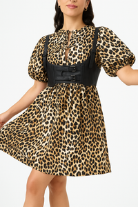 Multicolor Leopard Tie Front Puff Sleeve Short Flared Dress - Modestly Vogue 