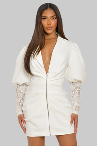 White Puff-Sleeve Zip-Up Dress - Modestly Vogue 