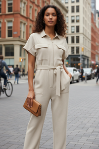 Light Khaki Textured Lace Up Waist Jumpsuit Short Sleeve Jumpsuit - Modestly Vogue 