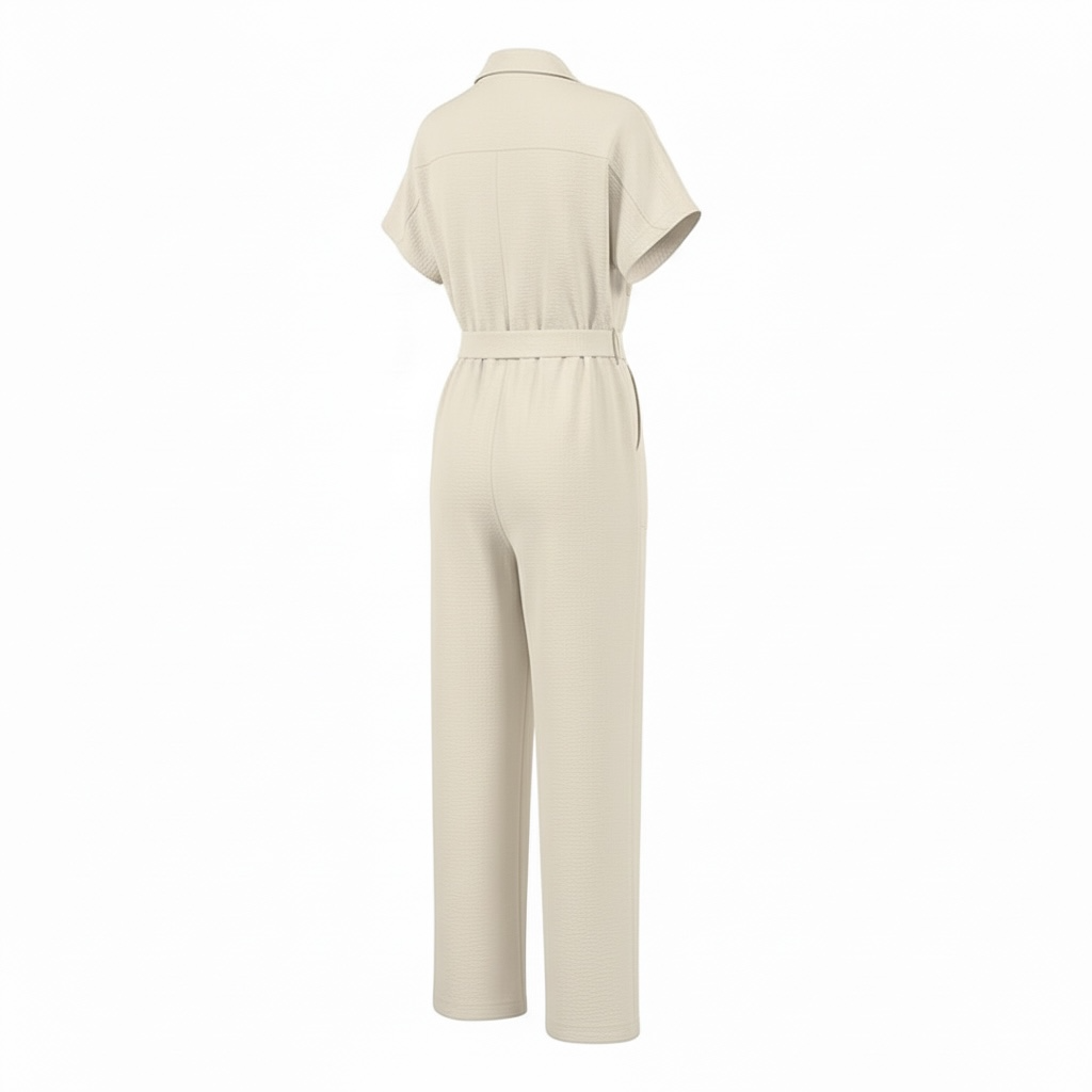 Light Khaki Textured Lace Up Waist Jumpsuit Short Sleeve Jumpsuit - Modestly Vogue 